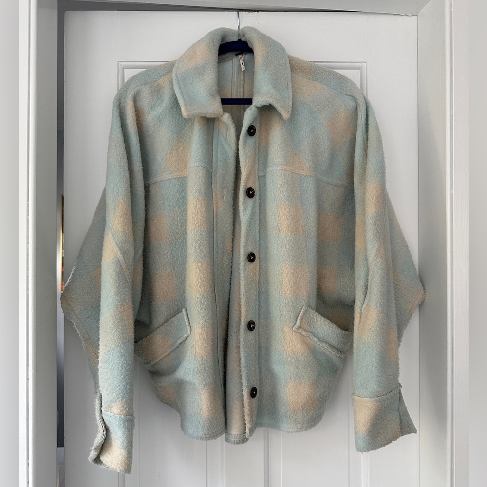 Free People Kiwi Oversized Shirt Jacket in Blue Cream Gingham, Size Medium